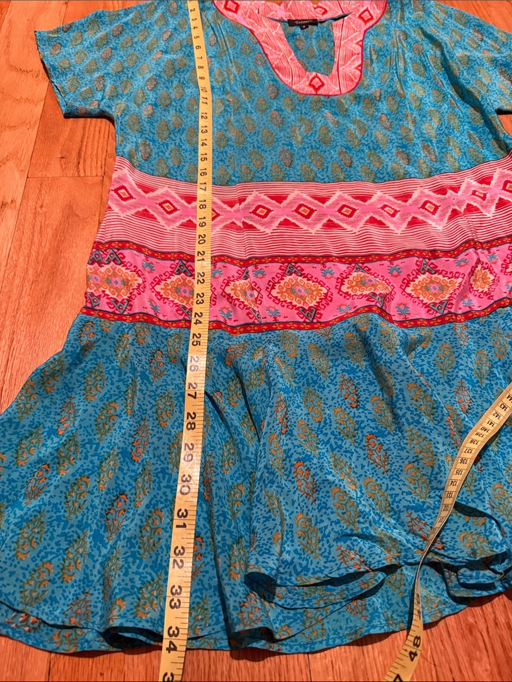 Tolani 100% Silk Boho Luxe Tunic Dress Turquoise Pink Geometric Ruffle Hem Small - Picture 9 of 15